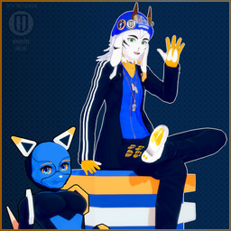 accessory anthro badge beanie black_eyebrows blonde_eyebrows blue_body blue_clothing blue_eyes border bottomwear bovid_horn breasts caprine_horn clothed clothing dark_clothing dipstick_ears dog_tags duo ear_markings eyebrows eyewear eyewear_on_head facial_markings featureless_breasts female floppy_ears footwear fur gesture glasses gloves goat_horn gradient_background green_eyes hair handwear hat head_markings headgear headwear hexagon hexagon_background hoofprint horn kerchief logo_on_hat looking_at_viewer machine male male/female markings mascot multicolored_ears neck_tuft neckwear open_mouth orange_border outline pants pattern_background pattern_clothing print_bottomwear print_clothing print_footwear print_gloves print_handwear print_pants print_shoes profile round_glasses sharp_teeth shoes simple_background sitting sitting_on_ground sitting_on_object smile smiling_at_viewer striped_clothing stripes sunglasses sunglasses_on_head tail teeth text track_jacket track_pants tracksuit tuft waving waving_at_viewer wearing_sunglasses whistle_around_neck white_body white_clothing white_footwear white_fur white_sclera white_shoes yellow_clothing yellow_eyewear yellow_glasses yellow_gloves yellow_handwear yellow_sclera zipper_jacket sledgethe0utcast_(artist) e621 koikatsu esix sledgethe0utcast_(character) bovid caprine domestic_cat felid feline felis goat mammal robot 1:1 2026 3d_(artwork) artist_name dated digital_media_(artwork) english_text icon watermark