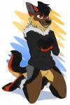 5_fingers anthro biped black_hair brown_body brown_fur clothed clothing fingers fur hair kneeling male red_eyes simple_background smile solo citrinelle canid canine canis domestic_dog mammal 2017 digital_media_(artwork)