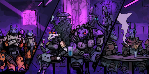 ambiguous_gender anthro armor beverage breasts cigarette cigarette_smoke clothing facial_scar female group gun hat headgear headwear holding_cigarette holding_object male missing_eye muscular muscular_female nightclub ranged_weapon scar smoke smoking_pipe strip_club torn_ear weapon wolfdawg caravan_palace lone_digger warhammer_(franchise) warhammer_40000 beastman_(warhammer) bovid canid canine canis caprine domestic_cat domestic_dog felid feline felinid felis goat mammal scalie absurd_res hi_res