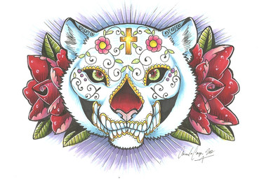 ambiguous_gender black_sclera cross flower green_eyes leaf markings nude pink_nose plant simple_background smile solo teeth text white_background blizzieart felid mammal pantherine snow_leopard 2012 english_text traditional_media_(artwork)
