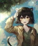 animal_ears black_hair brown_eyes cat_tail clothing colored_inner_hair female hair hand_on_hair hand_on_head looking_at_viewer multicolored_hair outerwear shirt short_hair smile solo tail text text_on_clothing text_on_shirt text_on_topwear topwear two_tone_hair mirage_(rairudiseu) zutomayo nira-chan animal_humanoid cat_humanoid felid felid_humanoid feline feline_humanoid humanoid mammal mammal_humanoid 2020 absurd_res hi_res