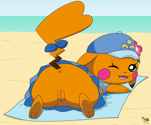 accessory anus baseball_cap beach beach_towel bow_ribbon butt clothing feet female female_feral feral flower furgonomics genitals hat headgear headwear logo looking_at_viewer looking_back looking_back_at_viewer lying on_front one_eye_closed plant presenting presenting_hindquarters presenting_vulva ribbons soles solo swimwear tail tail_accessory tail_bow tail_ribbon toes towel two-piece_swimsuit vulva wink pichu90 nintendo pokemon ms._wavychu generation_1_pokemon pikachu pokemon_(species) shiny_pokemon artist_logo hi_res