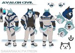 anthro blue_body blue_eyes blue_fur boots bottomwear claws clothed clothing countershading facial_expressions fluffy footwear front_view fur hoodie jacket male open_mouth pants rear_view shirt shoes simple_background solo standing teeth tongue topwear white_background white_body white_countershading white_fur samaraka avalon crisis canid canine canis domestic_dog mammal shiba_inu spitz comic model_sheet