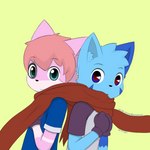 anthro blue_body blue_eyes blue_fur clothed clothing duo fur green_background green_eyes looking_at_viewer male male/male pink_body pink_fur red_scarf scarf sharing_clothing sharing_scarf simple_background young young_anthro young_male young_on_young hazumazu haziq_(hazumazu) naz_namaki_(cynxie) domestic_cat felid feline felis mammal 1:1 2019 hi_res