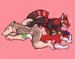 anthro balls blush bodily_fluids cum cum_in_ass cum_inside ejaculation genital_fluids genitals group male male/male penetration penis sex simple_background smile tail tattoo trio tohfu docisco hatoma canid canine fox mammal sergal hi_res