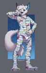 5_fingers ageplay anthro biped black_body black_fur blue_eyes clean_diaper clothed clothing diaper diaper_under_clothing diaper_under_onesie fingers footed_sleeper fur infantilism looking_at_viewer male markings one_eye_closed onesie roleplay simple_background solo spots spotted_body spotted_fur standing text wearing_diaper white_body white_fur foxehhyz sam_(foxehhyz) canid canine fox mammal 2021 digital_drawing_(artwork) digital_media_(artwork) hi_res