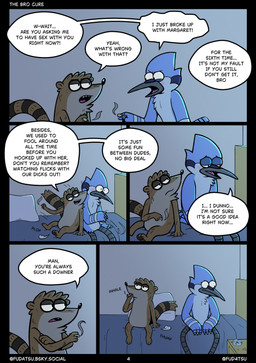 anthro bed blunt dialogue drugs duo flirting furniture male marijuana on_bed requesting sad sex_request smoking smoking_marijuana speech_bubble text fudatsu cartoon_network regular_show mordecai_(regular_show) rigby_(regular_show) avian bird blue_jay corvid jay_(bird) mammal new_world_jay oscine passerine procyonid raccoon 2026 comic english_text hi_res