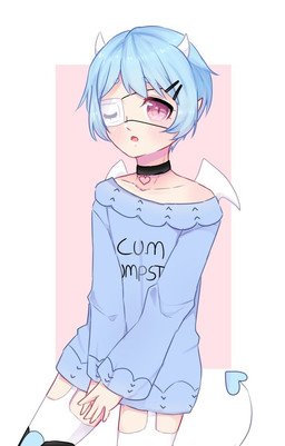 blue_hair clothing eye_patch eyewear femboy hair horn looking_at_viewer male open_mouth pointy_ears solo sweater tail topwear wings yumemin demon humanoid