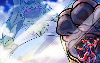 anthro belly blush duo extreme_size_difference feet foot_fetish foot_focus foot_hug hair hair_over_eyes heart_symbol hug macro male male/male overweight pecs ponytail_ears scarf size_difference mrease bandai_namco digimon digimon_ghost_game angoramon betelgammamon digimon_(species) scalie