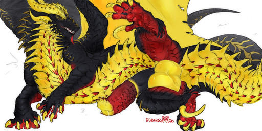 animal_genitalia animal_penis balls big_balls big_penis black_body black_penis black_tail bodily_fluids claws equine_genitalia equine_penis fangs fangs_bared feral genital_fluids genitals horn looking_at_viewer male medial_ring multicolored_body non-mammal_balls notched_wings penis precum raised_leg red_paws red_penis solo spread_wings tail teeth text thorns wings yellow_claws yellow_eyes yellow_penis yellow_tail european_mythology mythology hydra_(hydra322) dragon mythological_creature mythological_scalie scalie hi_res translated