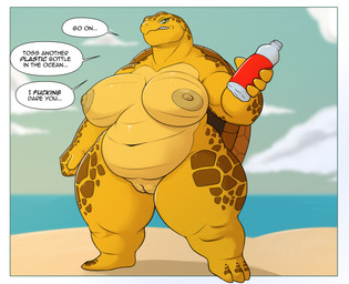 angry anthro belly beverage_bottle big_breasts bottle breasts container curvy_figure dialogue eyelashes female front_view genitals green_eyes huge_breasts nude nude_female overweight overweight_anthro overweight_female plastic_bottle plump_labia scales shell soda_bottle solo speech_bubble thick_thighs vulva yellow_body yellow_scales ben300 reptile scalie sea_turtle turtle hi_res