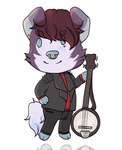 anthro banjo_(instrument) blue_eyes bottomwear brown_hair closed_smile clothed clothing ear_piercing ear_ring ear_stud facial_piercing front_view fur grey_bottomwear grey_clothing grey_jacket grey_pants grey_topwear hair jacket male mouth_closed musical_instrument nose_piercing nose_ring pants piercing plucked_string_instrument purple_body purple_fur red_clothing red_topwear ring_piercing septum_piercing septum_ring simple_background simple_eyes smile solo standing string_instrument topwear white_background lionfloof canid mammal full-length_portrait hi_res multiple_images portrait