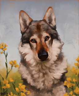 black_nose brown_markings feral flower flower_field fluffy fur grey_body grey_fur grey_sky looking_at_viewer markings multicolored_body multicolored_fur orange_eyes plant quadruped sky solo white_body white_fur yellow_flower alexpahomov canid canine canis czechoslovakian_wolfdog domestic_dog herding_dog mammal pastoral_dog sheepdog 2024 digital_media_(artwork) digital_painting_(artwork) hi_res painting_(artwork)