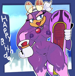 anthro areola bandeau big_breasts biped blue_eyes breasts clothing collar curvy_figure extreme_gear eyelashes eyewear eyewear_on_head feathers female front_view genitals gloves half-closed_eyes handwear hourglass_figure huge_hips kerchief long_eyelashes narrowed_eyes navel nipples non-mammal_breasts non-mammal_navel non-mammal_nipples nude open_mouth pubes purple_areola purple_body purple_feathers purple_nipples small_waist smug_face solo sunglasses sunglasses_on_head text thick_thighs topwear vulva wearing_sunglasses white_bandeau white_clothing white_topwear wide_hips mschaox6 sega sonic_riders sonic_the_hedgehog_(series) wave_the_swallow avian bird hirundinid oscine passerine swallow_(bird) english_text hi_res