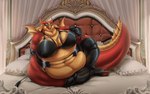 2022 2_horns absurd_res anthro bed belly belly_overhang big_belly big_breasts biglovealicia bra breasts cheek_bulge clothed clothed_sex clothing deep_navel detailed detailed_background digitigrade dragon european_mythology female frill_(anatomy) furniture hi_res horn huge_belly hyper latex latex_clothing looking_at_viewer lying lying_on_bed membrane_(anatomy) membranous_frill membranous_wings morbidly_obese morbidly_obese_female mythological_creature mythological_scalie mythology navel obese obese_female on_bed on_side overweight overweight_female pear-shaped_figure scalie seductive sex shaded signature smile soft_shading solo tail thick_tail thick_thighs underwear western_dragon wide_hips wings