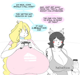 anthro arm_tattoo big_breasts black_hair blonde_hair blush blush_lines blush_stickers blush_through_hair bong breasts cleavage clothed clothed_anthro clothed_female clothed_human clothing collarbone controller dialogue drugs duo eye_through_hair eyebrow_through_hair eyebrows female furniture g_clef game_controller gaming hair holding_bong holding_controller holding_game_controller holding_object huge_breasts hyper hyper_breasts linked_speech_bubble musical_clef musical_symbol nipple_outline pink_clothing pink_topwear playing_video_game shirt simple_background sofa speech_bubble symbol tank_top tattoo text topwear translucent translucent_hair white_background theycallhimcake cassie_torbjornson maggie_applebee canid canine canis domestic_dog human mammal 2017 comic_sans digital_drawing_(artwork) digital_media_(artwork) english_description english_text hi_res