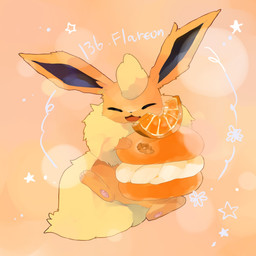 abstract_background ambiguous_gender dessert eating eyes_closed featureless_crotch feral fluffy fluffy_tail food fruit fur open_mouth orange_(fruit) orange_body orange_fur plant pokedex_number solo spread_legs spreading star_symbol tail text tongue yellow_body yellow_fur fishburi nintendo pokemon eeveelution flareon generation_1_pokemon pokemon_(species) 1:1 2026 absurd_res english_text hi_res