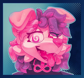 ambiguous_gender anthro border cheek_tuft collar eyelashes fabric facial_tuft female floppy_ears hair happy hypnotic_eyes infinity_symbol long_tongue looking_pleasured multicolored_hair open_mouth pink_body pink_metal pink_nose plushie plushie_transformation plushification solo squish stitch_(sewing) symbol teeth_showing tongue tongue_out tuft mintychipart animate_inanimate fabric_creature 2025 digital_drawing_(artwork) digital_media_(artwork) icon krita_(artwork)