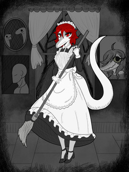 alternate_costume anthro biped breasts broom cleaning_tool clothed clothed_anthro clothed_female clothing detailed_background female fingers front_view frown hair holding_broom holding_cleaning_tool holding_object humanoid_hands long_tail looking_at_viewer maid_uniform medium_breasts medium_hair non-mammal_breasts picture_frame pose red_eyes red_hair sad solo standing tail uniform victorian gothgator0 cavemanon_studios puppet_pals snoot_game anon_(snoot_game) judee schizo_chan_(snoot_game) dinosaur human mammal prehistoric_species reptile saurischian scalie theropod troodon troodontid 3:4 absurd_res full-length_portrait hi_res portrait restricted_palette