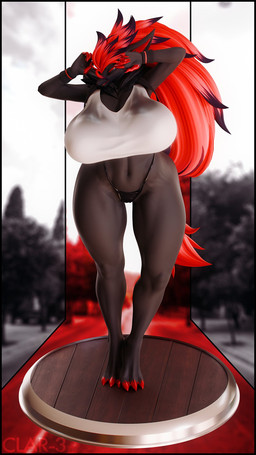 anthro big_breasts big_hair black_body black_clothing black_thong black_underwear blurred_background bracelet breasts claws clothing crop_top eyes_closed female hair huge_breasts jewelry long_hair navel navel_line pokemorph red_claws red_fingers red_hair red_tail shirt solo tail thick_thighs thong topwear underwear waking_up white_clothing white_shirt white_topwear wide_hipped_anthro wide_hipped_female wide_hips thenicedragon bom39_(modeler) nintendo pokemon zoroark_(bom39) canid canine generation_5_pokemon mammal pokemon_(species) zoroark 3d_(artwork) 9:16 digital_media_(artwork) full-length_portrait hi_res portrait watermark