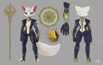 4_fingers anthro armor armwear blue_eyes bodysuit breasts butt cheek_tuft clothed clothing cybernetics eyelashes facial_tuft female fingers footwear frown fur glowing hair machine markings melee_weapon narrowed_eyes navel open_clothing polearm rear_view shield shoes simple_background skinsuit solo standing tight_clothing trident tuft weapon white_body white_fur white_hair el-k crown_(el-k) canid canine canis cyborg fox mammal absurd_res digital_media_(artwork) hi_res model_sheet