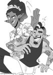 bottomwear clothing dreadlocks duo ear_piercing facial_hair goatee hair humanoid_pointy_ears male mohawk pants piercing pointy_ears ponytail sharp_teeth shirt sweatpants tank_top tattoo teeth tongue tongue_piercing topwear tamarinfrog human humanoid mammal black_and_white hi_res monochrome