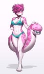 anthro bell bell_collar bikini blue_eyes blush clothing collar crossgender female fur hair markings mtf_crossgender multicolored_body multicolored_fur pink_body pink_fur pink_hair simple_background solo spots spotted_body spotted_fur swimwear tail tail_mouth two-piece_swimsuit two_tone_body two_tone_fur unusual_anatomy unusual_tail white_body white_fur pgm300 james_feran felid feline mammal pantherine snow_leopard 2023 absurd_res hi_res