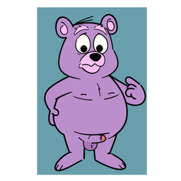 anthro balls belly black_nose border erection genitals male overweight overweight_male penis purple_body simple_background solo standing white_border fabricationist disney gummi_bears zummi_gummi bear mammal 1:1 2026 hi_res