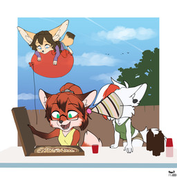 anthro balloon barefoot blue_bottomwear blue_clothing blue_eyes blue_pants bottle bottomwear box braided_hair breasts brown_bottomwear brown_clothing brown_hair brown_highlights brown_markings brown_shorts cheek_tuft chest_tuft chibi cleavage clothed clothing cloud container cup day dipstick_tail ear_piercing ear_ring eyewear facial_tuft fangs feet female fence food fully_clothed fur furniture garden glasses gloves_(marking) green_clothing green_eyes green_shirt green_tank_top green_topwear group hair hat headgear headwear highlights_(coloring) inflatable inner_ear_fluff markings open_mouth outside pants party_hat piercing pizza pizza_box plant ponytail purple_clothing purple_shirt purple_topwear red_body red_fur red_hair red_highlights ring_piercing shirt short_hair shorts sky table tail tail_markings tan_body tan_fur tank_top teeth tied_hair topwear tree trio tuft white_body white_fur white_hair yellow_clothing yellow_shirt yellow_tank_top yellow_topwear foxboy83 tootaloo vixen_logic arctica_(vixen_logic) red_(vixen_logic) zerda_(vixen_logic) arctic_fox canid canine fennec_fox fox mammal red_fox true_fox 1:1 colored digital_media_(artwork) flat_colors hi_res