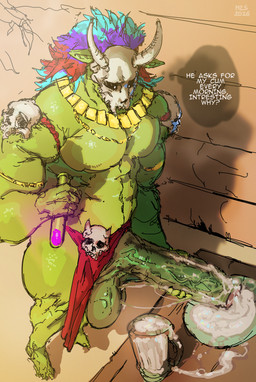 anthro armband balls big_penis black_eyes bodily_fluids bone bottomwear bottomwear_aside clothed clothing clothing_aside cum cum_in_a_cup cum_in_container cum_on_penis cum_on_plate cum_on_table cum_string feathers feet foreskin genital_fluids genitals glans gold_(metal) gold_jewelry gold_necklace green_body green_penis green_scales hair hand_on_penis horn humanoid_genitalia humanoid_penis inside jewelry laboratory_equipment laboratory_glassware loincloth loincloth_aside long_penis looking_down male mask multicolored_hair muscular necklace non-mammal_balls partially_clothed pecs penis pink_glans pointy_ears potion question_mark red_clothing scales scientific_instrument skull solo test_tube text thought_bubble thoughts vein veiny_balls veiny_penis wide_hips muranoshisoka terraria witch_doctor_(terraria) lihzahrd lizard reptile scalie absurd_res colored hi_res shaded