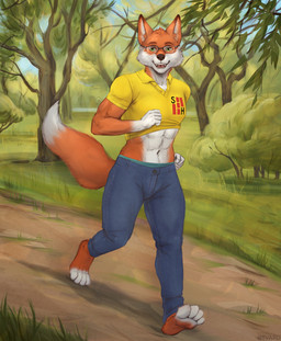 abs anthro athletic athletic_anthro athletic_male bottomwear clothed clothing exercise eyewear feet fingers fur glasses looking_at_viewer male midriff navel open_mouth outside pants park plant raised_clothing raised_shirt raised_topwear running shirt smile solo tail teeth toes topwear underwear wearing_glasses tvard bausparfuchs canid canine fox mammal digital_media_(artwork) hi_res