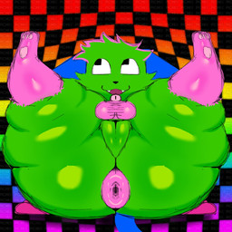 abstract_background anthro anus balls big_butt blue_body blue_ears blue_fur butt checkered checkered_background cheek_tuft facial_tuft fangs feet front_view fur genitals gradient_background green_body green_fur leg_markings legs_up looking_away lying male markings multicolored_body multicolored_fur obese on_back overweight overweight_anthro overweight_male pattern_background paws penis pink_anus pink_body pink_fur pink_markings presenting presenting_hindquarters puffy_anus simple_background small_balls small_penis solo sparklefur spread_legs spreading teeth toes tuft remmy052175824 don't_touch_my_pizza_(meme) nyanwolf kevin_(nyanwolf) domestic_cat felid feline felis mammal 1:1 2025 hi_res