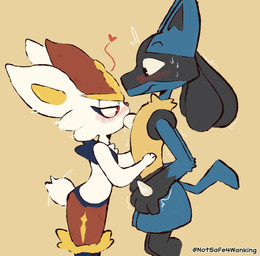 anthro blue_body blue_fur blush bodily_fluids clothing duo fur male male/male tail white_body white_fur notsafeforwanking nintendo pokemon canid canine cinderace generation_4_pokemon generation_8_pokemon lagomorph lucario mammal pokemon_(species) 2026 absurd_res hi_res