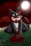 ambiguous_gender anthro black_body black_ears black_fur black_tail blood blood_from_mouth blood_in_mouth blood_moon blood_on_arm blood_on_face blood_on_finger blood_on_floor blood_on_fur blood_on_ground blood_on_hand bodily_fluids chest_tuft claws dipstick_tail fangs fur gore grass grey_body grey_fur looking_at_viewer markings moon neck_tuft open_mouth outside plant red_background red_body red_eyes red_fur red_nose red_tail_tip red_tail_tuft simple_background solo tail tail_markings tail_tuft teeth tuft young foxmaw_art vytelux canid canine mammal hi_res