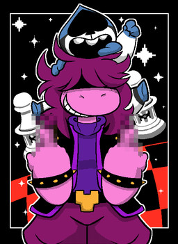 anthro bracelet clothed clothing covered_eyes duo female hair hair_over_eyes jewelry long_hair male spades_(suit) spiked_bracelet spikes suit_symbol tongue meb90 deltarune undertale_(series) lancer_(deltarune) susie_(deltarune) darkner humanoid lizard reptile scalie 2018 censored hi_res mosaic_censorship