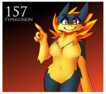 anthro anthrofied big_breasts blue_body blue_fur border breasts chest_tuft fangs featureless_breasts featureless_crotch female fur nude orange_eyes pokemorph simple_background smile solo teeth tuft white_border wide_hips yellow_body yellow_fur inget nintendo pokemon generation_2_pokemon mammal pokemon_(species) typhlosion digital_media_(artwork) hi_res