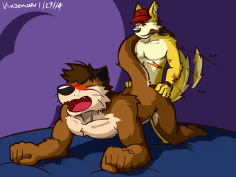 all_fours anal anal_penetration anthro anthro_on_anthro blush clothing doggystyle duo from_behind_position hat headgear headwear male male/male male_penetrated male_penetrating male_penetrating_male penetration scar sex simple_background tail tail_motion tailwag text ventkazemaru c.j._(cjtheotter) canid canine canis domestic_dog mammal mustelid otter 2014 4:3 artist_name dated