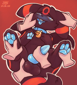 3_toes animal_genitalia animal_penis ball_grab balls bell bell_collar black_body blue_eyes blue_genitals blue_pawpads blue_penis blue_tongue blush canine_genitalia canine_penis claws clothing collar disembodied_hand ear_grab erection face_squish feet feral fingers foot_fetish foot_grab fur genitals group handjob knot looking_pleasured male markings narrowed_eyes nude open_mouth open_smile pawpads paws penile penis red_background red_markings sex simple_background smile solo_focus squish tail toes tongue tongue_out conditional_dnp joooji nintendo pokemon cosmic_umbreon canid canine eeveelution generation_2_pokemon mammal pokemon_(species) umbreon 2022 dated digital_media_(artwork) hi_res
