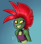 anthro choker clothing crop_top freckled_shoulders freckles green_body green_scales grin hair jewelry male markings mohawk necklace purple_markings red_hair scales sharp_teeth shirt smile solo teeth topwear yellow_sclera ghastlygh ash_(g-h-) gecko lizard reptile scalie nonbinary_(lore)