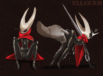 all_fours anthro black_body black_eyes bodily_fluids breasts butt cloak cloak_only clothing disembodied_hand ellipsis empty_eyes exclamation_point female fingering front_view genitals holding_object holding_weapon penetration rear_view red_cloak red_clothing sitting small_breasts solo sweat sweatdrop thick_thighs vaginal vaginal_fingering vulva weapon white_body wide_hips ellixxr hollow_knight_(franchise) team_cherry hornet_(hollow_knight) arthropod insect hi_res