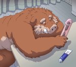 anthro belly brown_body brown_fur detailed_background dildo fur furniture humanoid_hands inside kemono leaning leaning_forward lube lube_tube male overweight overweight_anthro overweight_male sex_toy sitting solo table gadoran mammal suid suina sus_(pig) wild_boar