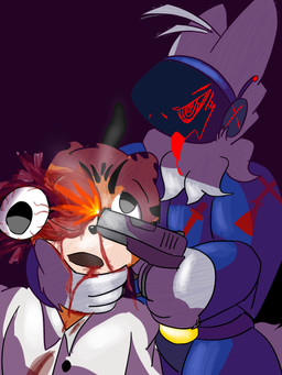 anthro armor black_stripes blood blue_armor bodily_fluids death duo excessive_blood execution eyeball fur gore grey_body grey_fur grotesque_death gun gunpoint gunshot killing machine male orange_body orange_fur ranged_weapon stripes tongue tongue_out torture weapon just172ordinary glock_17 a.r._probert felid mammal panthera pantherine protogen tiger 3:4 hi_res