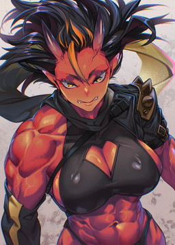abs angry biceps big_breasts black_hair breasts cleavage cleavage_cutout clothed clothing cutout deltoids eyebrows eyelashes female hair horn humanoid_pointy_ears muscular muscular_female navel not_furry pointy_ears red_body red_skin solo trapezius tusks yellow_eyes mikel_(4hands) asian_mythology east_asian_mythology japanese_mythology mythology demon horned_humanoid humanoid oni yokai 2024 hi_res