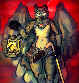animal_genitalia animal_penis anthro erection eyewear genitals glasses jewelry lamp lantern necklace nude penis red_sky sky solo walking_cane cool. avian bird owl hi_res