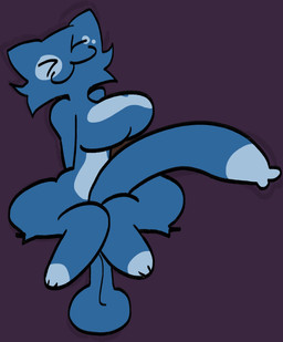 acroposthion anthro balls big_balls big_breasts big_penis blue_body blue_fur breasts eyes_closed featureless_breasts foreskin fur genitals gynomorph hands_behind_back intersex penis solo unretracted_foreskin trashgal domestic_cat felid feline felis mammal flat_colors hi_res