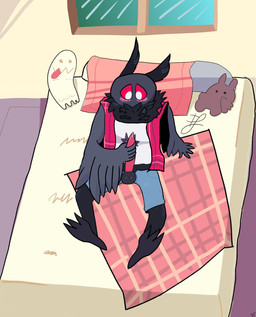 antennae_(anatomy) anthro bed black_body bodily_fluids bottomwear clothing erection furniture genital_fluids genitals male masturbation pants penis plushie precum red_eyes shirt solo tapering_penis topwear one0nine cryptid_crush atlas_(cryptid_crush) mothman arthropod cryptid insect lepidopteran moth 2025 absurd_res digital_media_(artwork) hi_res krita_(artwork)