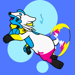 anthro biped black_body black_clothing black_nose blue_body blue_eyewear blue_fin blue_glasses blue_hair blue_pawpads bow_ribbon clothing eyes_closed eyewear fin glasses hair happy open_mouth open_smile pawpads paws pink_body pink_clothing pink_tail pink_tongue smile solo tail tongue whiskers white_ears white_tail yellow_body yellow_clothing yellow_tail trooper3 nintendo pokecember pokecember_2024 pokemon sylvie_(trooper3) buizel generation_4_pokemon pokemon_(species) 1:1 2024 hi_res