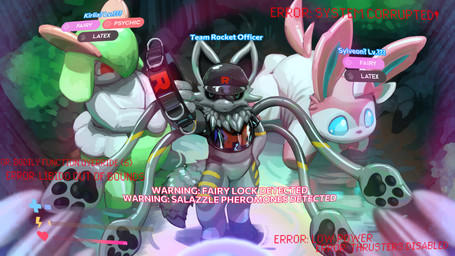 anthro biped bitchsuit black_collar black_pawpads black_sclera bondage_gear bottomless clothed clothing collar corruption costume detailed_background featureless_crotch first_person_view gameplay_mechanics group gui hat headgear headwear health_bar latex latex_clothing latex_hat level_number looking_at_viewer male pawpads plushie plushsuit pokemon_costume text user_interface sexotheque changed_(video_game) nintendo pokemon team_rocket avii_cinderfeather_(squid_dog) squid_dog_(changed) animate_inanimate aquatic canid canine canis cephalopod coleoid decapodiform domestic_dog eeveelution future_pokemon generation_3_pokemon generation_6_pokemon generation_9_pokemon hybrid kirlia legendary_pokemon living_plushie mammal miraidon mollusk paradox_pokemon pokemon_(species) squid sylveon 16:9 2026 4k absurd_res digital_media_(artwork) english_text hi_res widescreen