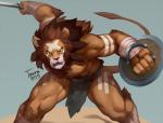 anthro biceps bottomwear clothed clothing fur hair loincloth male melee_weapon muscular muscular_anthro muscular_male solo sword tattoo topless weapon agtaur felid lion mammal pantherine 2018 digital_media_(artwork)