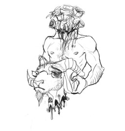 2_horns abstract_art anthro arm_tuft athletic athletic_anthro athletic_male biceps blood bodily_fluids chin_tuft closed_frown decapitation deltoids elbow_tuft eyebrows eyewear facial_hair facial_tuft flower front_view frown glasses goatee gore half-closed_eyes head_horn head_tuft holding_head horn male male_anthro mouth_closed narrowed_eyes nipples nude_male pecs plant rectangular_glasses serratus simple_background solo tuft wearing_glasses white_background bristol bovid caprine goat mammal 2017 digital_media_(artwork) greyscale half-length_portrait monochrome portrait sketch